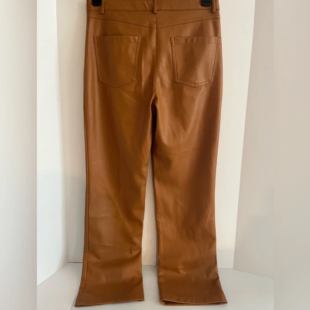 7 For All Mankind Faux Leather Straight Leg High Waist Pant - Size M color Camel - Picture 6 of 14
